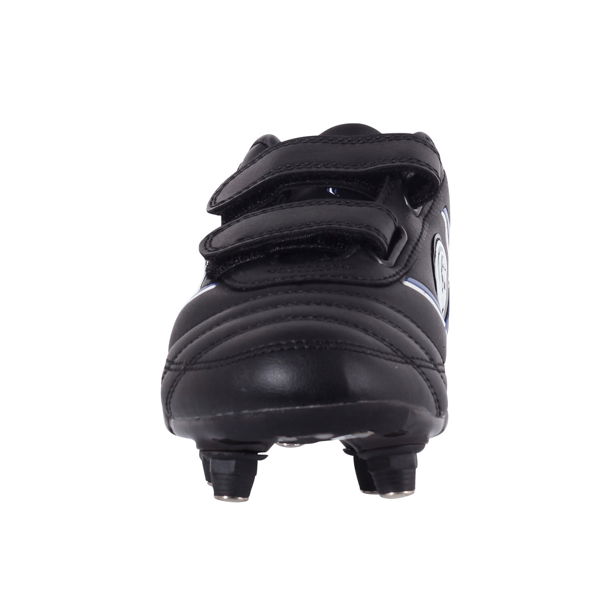 Black Optimum Tribal football boot, front view showing twin straps and screw-in studs on white - Optimum