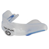 Clear Optimum Matrix mouthguard with blue accents and black logo, side profile close-up on white - Optimum