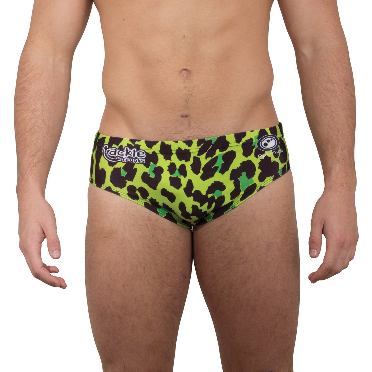 Optimum Tackle Trunks swim brief in neon green leopard print, front view on male model with tackle trunks logo - Optimum