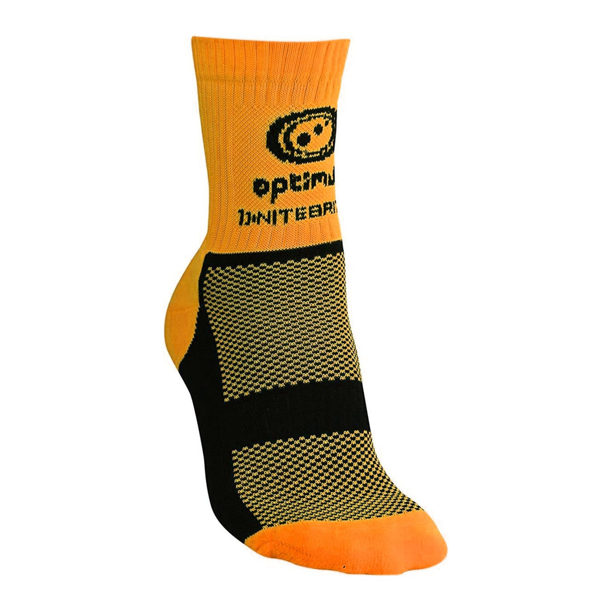 Fluro orange Optimum NiteBrite cycling sock with black mesh sole, angled heel view on white - Optimum