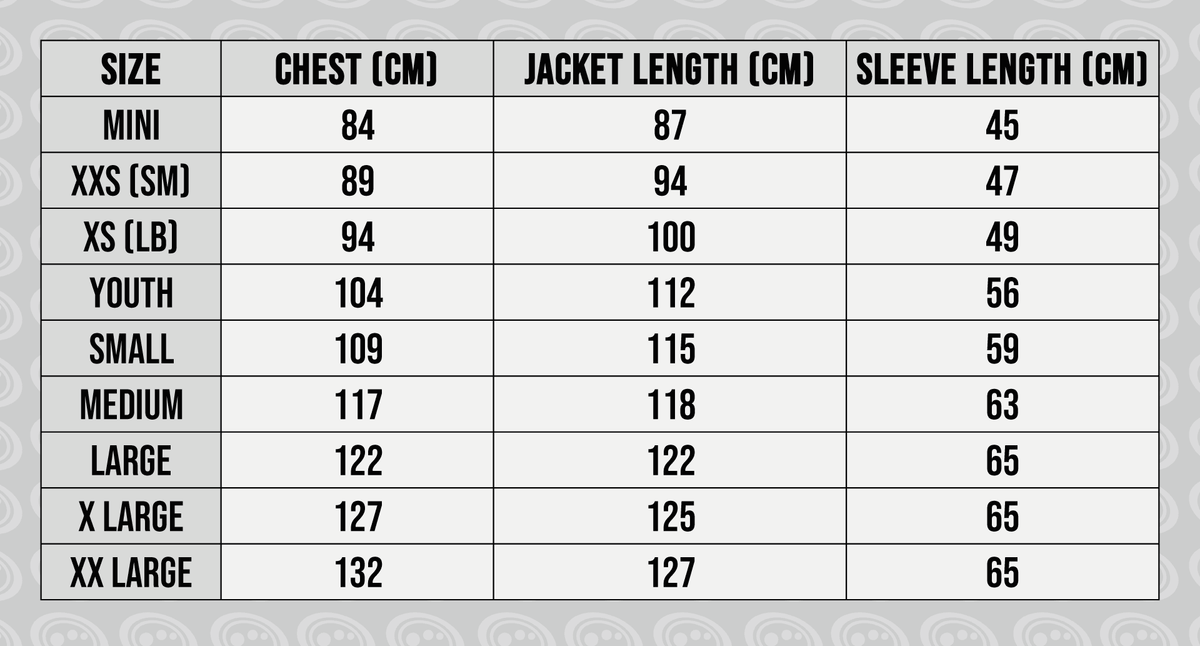 Optimum Sideline Sub Jacket size guide chart with chest, jacket and sleeve lengths in cm - Optimum