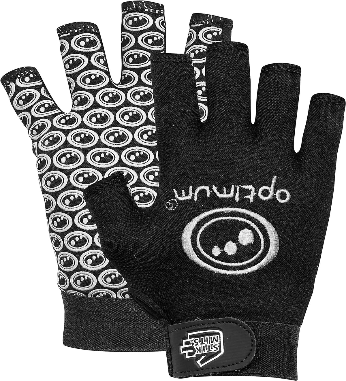 Pair of black Optimum Stik Mits fingerless rugby gloves with white logo and grip-pattern palm on white - Optimum