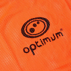 Close-up of black Optimum logo printed on orange mesh training bib fabric - Optimum